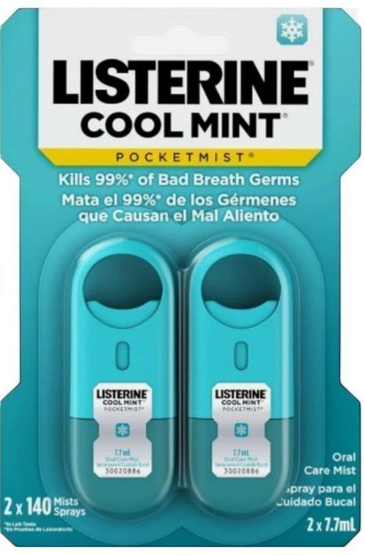 The Wholesale Outlet 2-pack Listerine Pocketmist Cool Mint oral care spray bottles for fresh breath on the go.