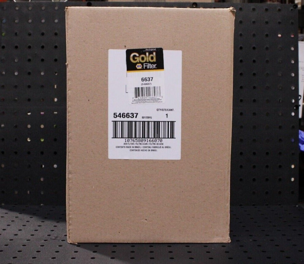 The Wholesale Outlet NAPA Gold 6637 air filter in a brown cardboard box with product label and barcode