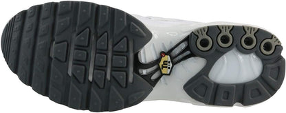 The Wholesale Outlet Nike Air Max Plus sneaker outsole in white, black, and cool grey with signature TN branding.