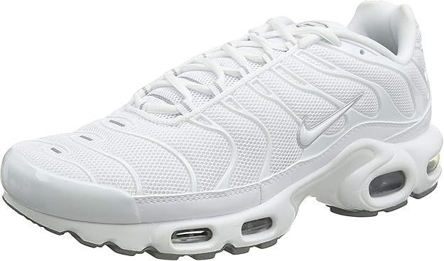 The Wholesale Outlet Nike Air Max Plus men's retro sneaker in triple white with cool grey accents and mesh upper.