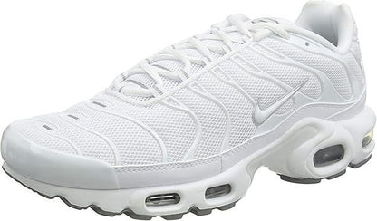 The Wholesale Outlet Nike Air Max Plus men's retro sneaker in triple white with cool grey accents and mesh upper.