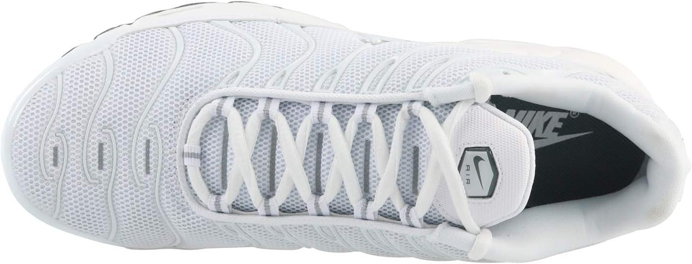 The Wholesale Outlet Nike Air Max Plus men's retro sneaker in triple white with mesh upper and lace-up closure