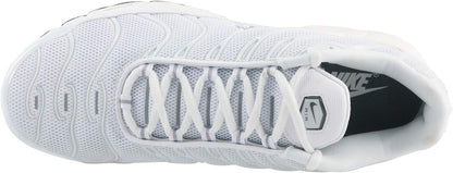 The Wholesale Outlet Nike Air Max Plus men's retro sneaker in triple white with mesh upper and lace-up closure