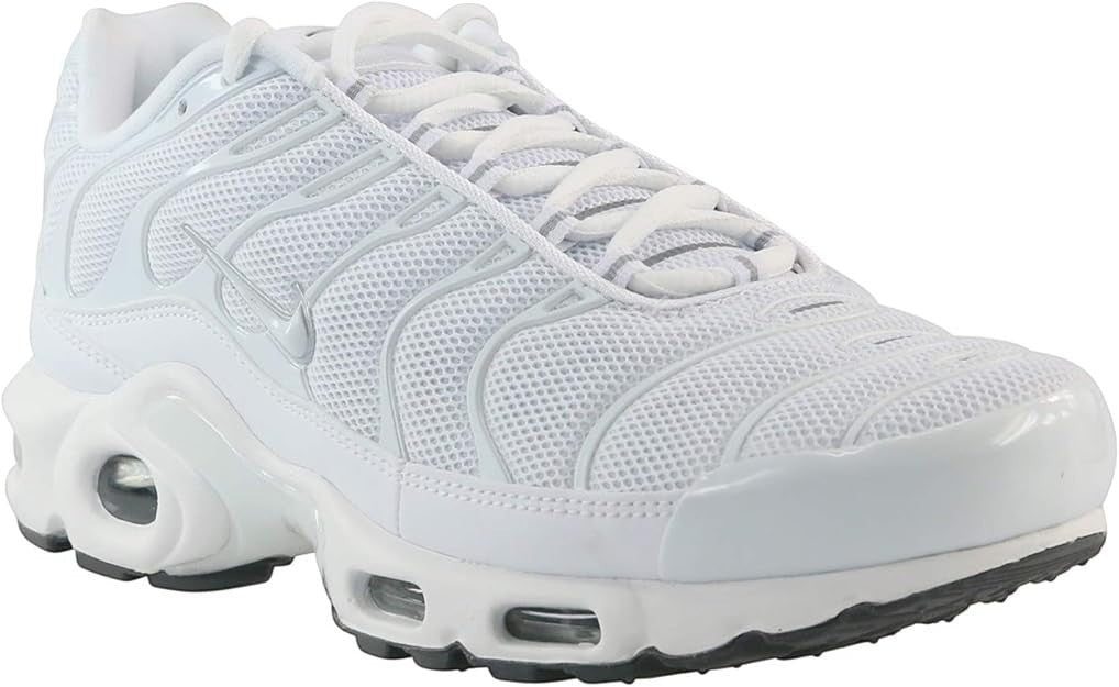 The Wholesale Outlet Nike Air Max Plus men's retro sneaker in triple white with mesh upper and cushioned sole.