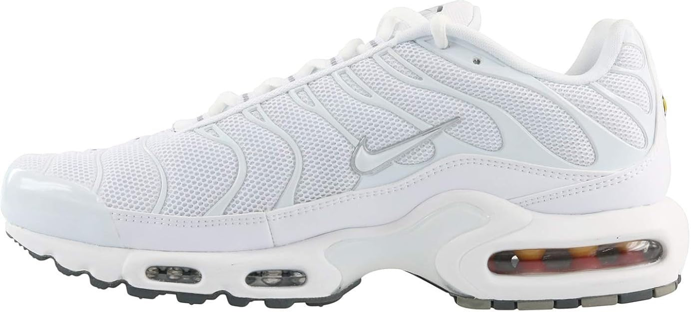 The Wholesale Outlet Nike Air Max Plus men's retro sneakers in triple white with cool grey accents and mesh upper.