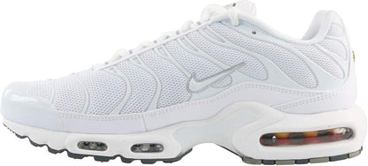 The Wholesale Outlet Nike Air Max Plus men's retro sneakers in triple white with cool grey accents and mesh upper.