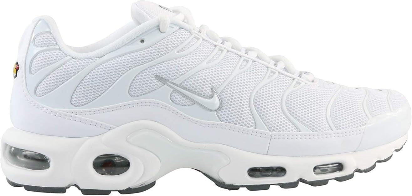 The Wholesale Outlet Nike Air Max Plus men's retro sneaker in triple white with cool grey accents and mesh upper.
