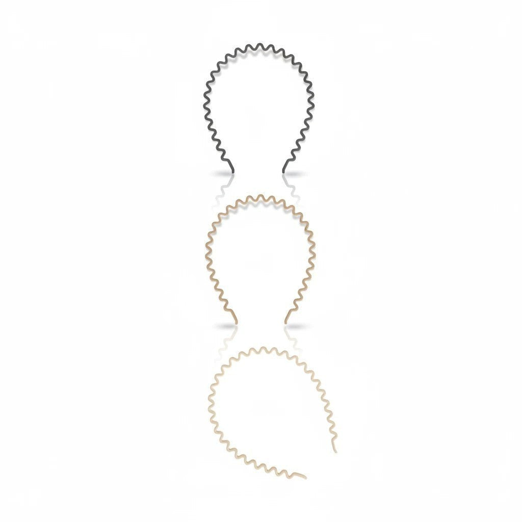 The Wholesale Outlet Goody wavy hair headband set featuring three flexible headbands in black, brown, and beige.