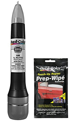 Dupli-Color AGM0433 Bright White Exact-Match Scratch Fix All-in-1 Touch-Up Paint for GM Vehicles (16, WA 9753) Bundle with Prep Wipe Towelette (2 Items)