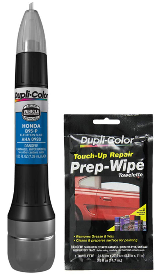 Sherwin-Williams Company Dupli-Color AHA0980 Electron Blue Exact-Match Scratch Fix All-in-1 Touch-Up Paint Compatible with Honda Vehicles Bundle with Prep Wipe Towelette (2 Items)