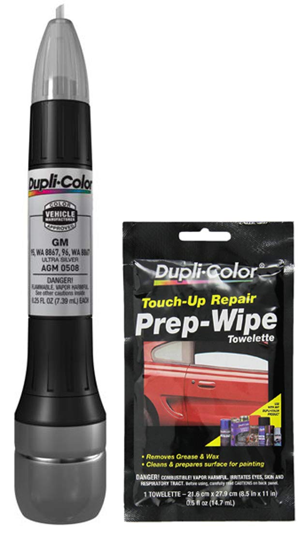 Dupli-Color AGM0508 Metallic Ultra Silver Exact-Match Scratch Fix All-in-1 Touch-Up Paint Compatible with GM Vehicles Bundle with Prep Wipe Towelette (2 Items)