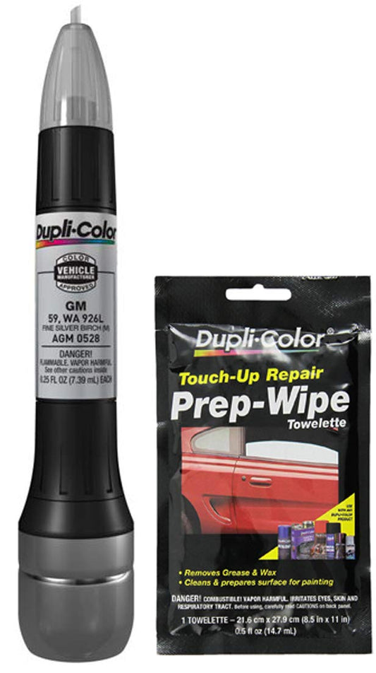 Dupli-Color AGM0528 Metallic Fine Silver Birch Exact-Match Scratch Fix All-in-1 Touch-Up Paint Compatible with GM Vehicles Bundle with Prep Wipe Towelette (2 Items)