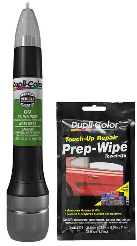 Dupli-Color AGM0520 Metallic Medium Green Pearl Exact-Match Scratch Fix All-in-1 Touch-Up Paint Compatible with GM Vehicles Bundle with Prep Wipe Towelette (2 Items)