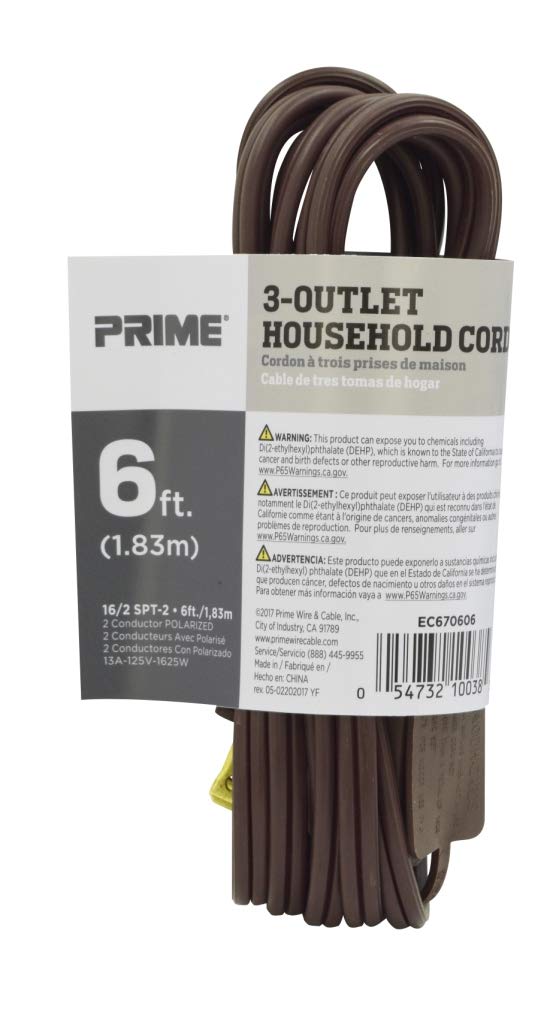 Prime Wire & Cable EC670606 6-Foot 16/2 SPT-2 3-Outlet Indoor Cord, Brown