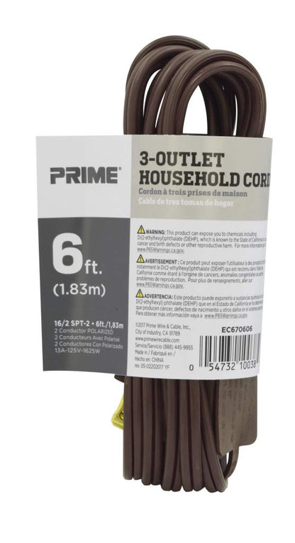 Prime Wire & Cable EC670606 6-Foot 16/2 SPT-2 3-Outlet Indoor Cord, Brown