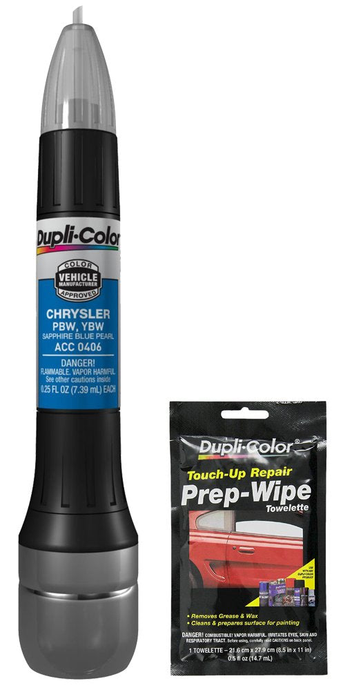 Dupli-Color ACC0406 Sapphire Blue Pearl Exact-Match Scratch Fix All-in-1 Touch-Up Paint for Chrysler Vehicles (PBW, YBW) Bundle with Prep Wipe Towelette (2 Items)