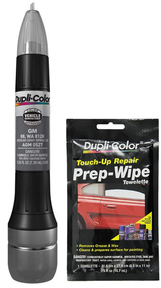 Dupli-Color AGM0527 Medium Gray Spiral Exact-Match Scratch Fix All-in-1 Touch-Up Paint Compatible with GM Vehicles Bundle with Prep Wipe Towelette (2 Items)