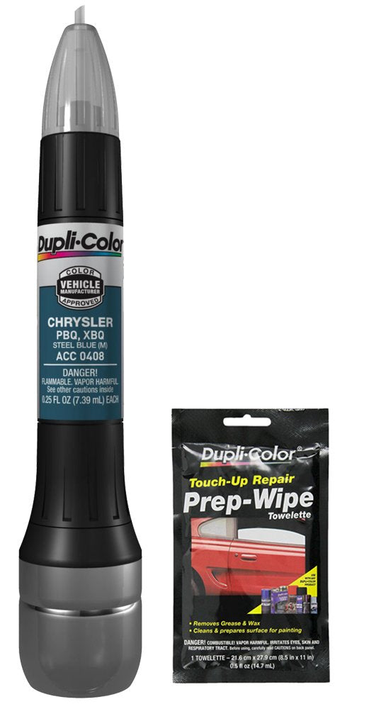 Dupli-Color ACC0408 Metallic Steel Blue Exact-Match Scratch Fix All-in-1 Touch-Up Paint for Chrysler Vehicles (PBQ) Bundle with Prep Wipe Towelette (2 Items)