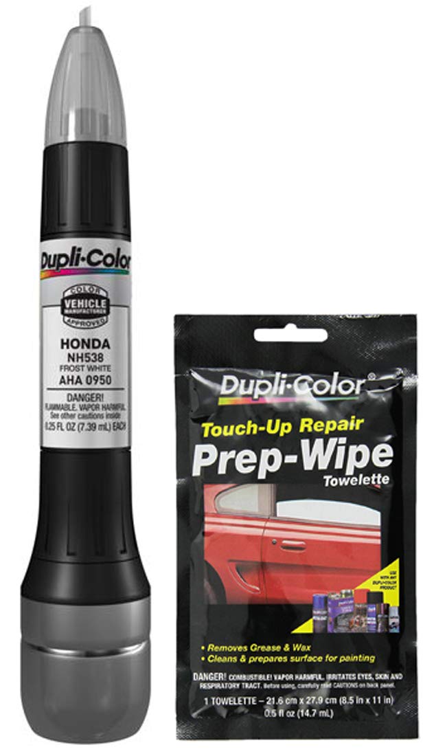 Sherwin-Williams Company Dupli-Color AHA0950 Frost White Exact-Match Scratch Fix All-in-1 Touch-Up Paint Compatible with Honda Vehicles Bundle with Prep Wipe Towelette (2 Items)