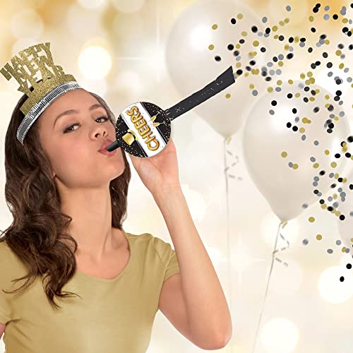 Pop Clink Cheers Blowout Horns With Confetti - Black, Gold And Silver - 10 1/2" - 8 Pcs