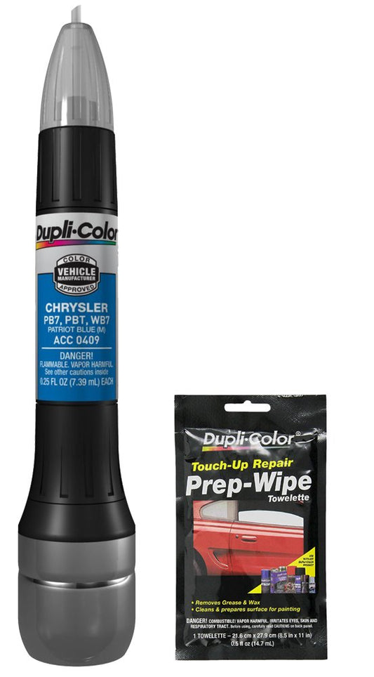 Dupli-Color ACC0409 Metallic Patriot Blue Exact-Match Scratch Fix All-in-1 Touch-Up Paint for Chrysler Vehicles (PBT, PB7) Bundle with Prep Wipe Towelette (2 Items)