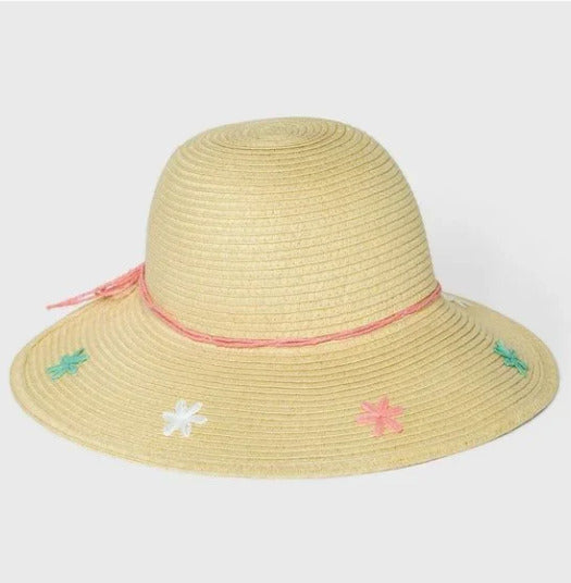 Cat & Jack Girls Teens Embroidered Floral Floppy Straw Hat in STRAW (12-24M) NWT