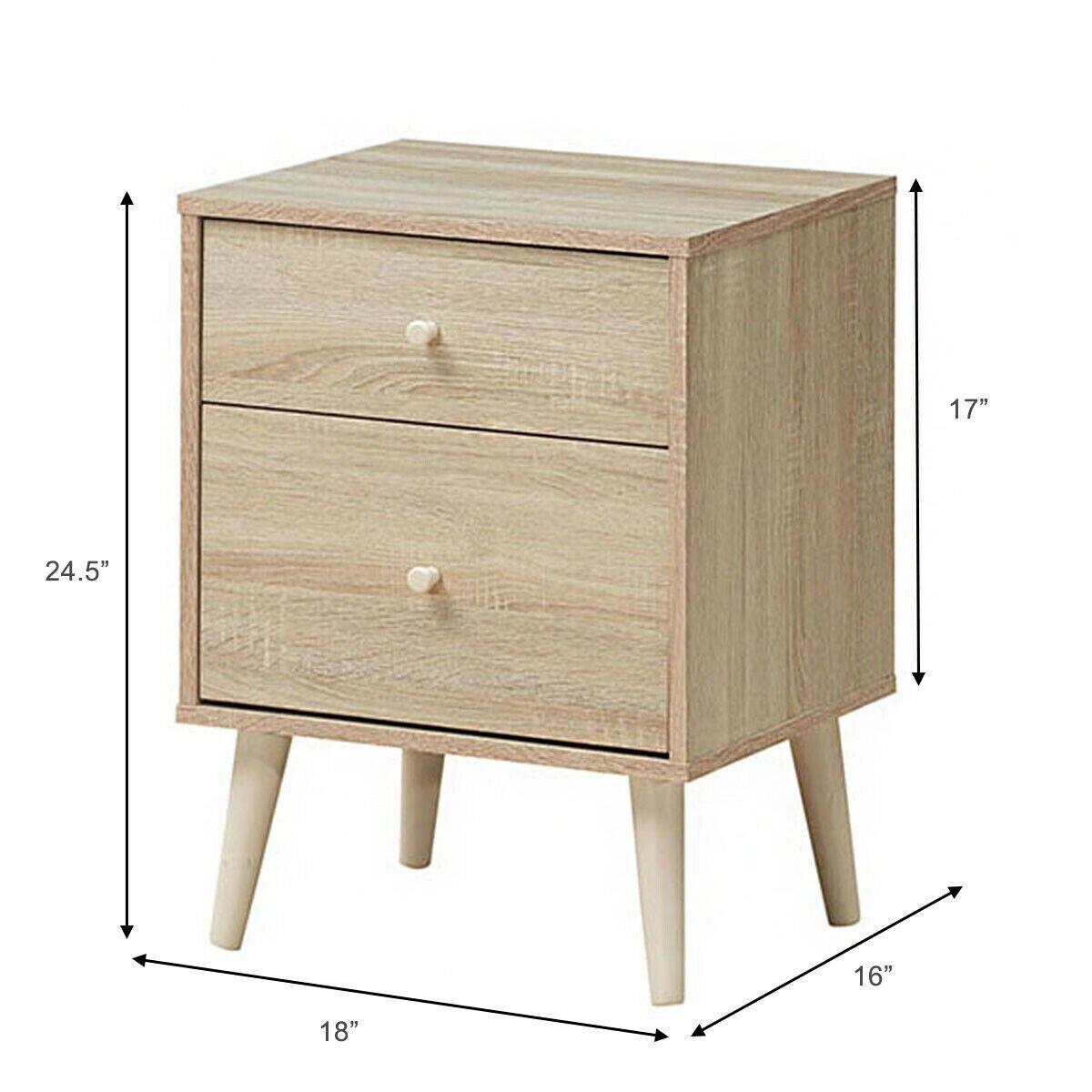 Nightstand 2-Drawer House Room Beside End Side Table w/Rubber Legs Oak Finish