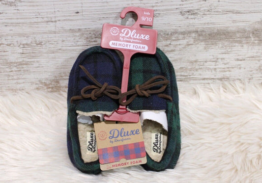 Dearfoams Dluxe Green & Blue Plaid Rubber Bottom Slippers Kids Size 9/10 NWB