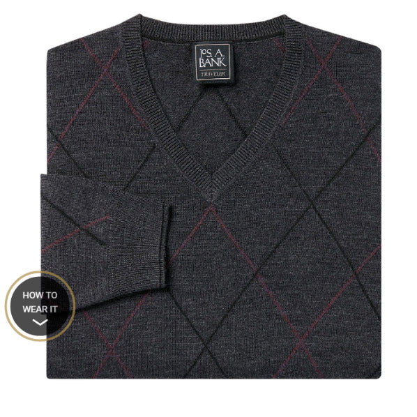 Traveler Collection Merino Wool V-Neck Argyle Sweater