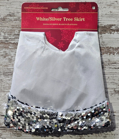 16” Diameter Tree Skirt - White/Silver Sequins