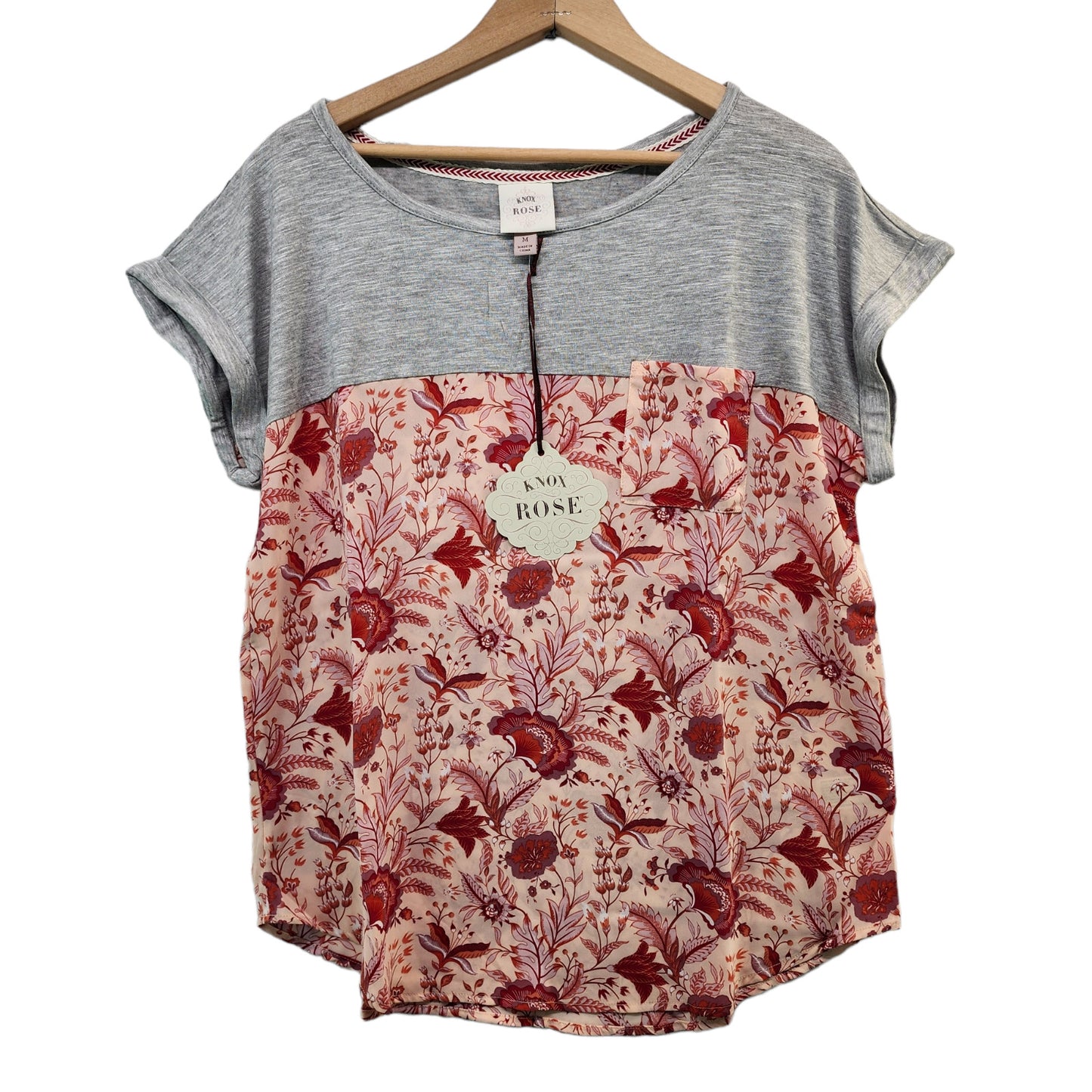 Knox Rose Women Top Pink Floral Rayon Colorblock Gray T Shirt Size Medium Tee