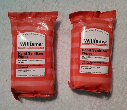 2 Williams Hand Cleaning Wipes w/ Moisturizer + Aloe - Two 20 Packs