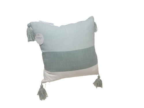 Green & White Large Block Stripe Accent Pillow 14" w/ Tassel Corners BR7