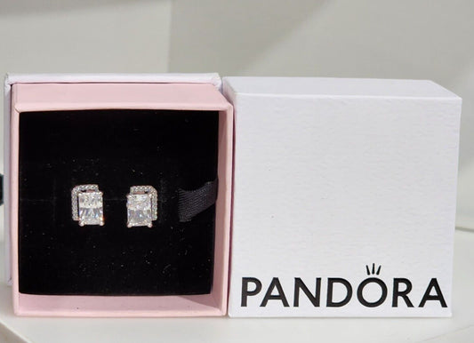 Authentic Pandora 292380C01 Rectangular Sparkling Halo Stud Earrings w/ Gift Box