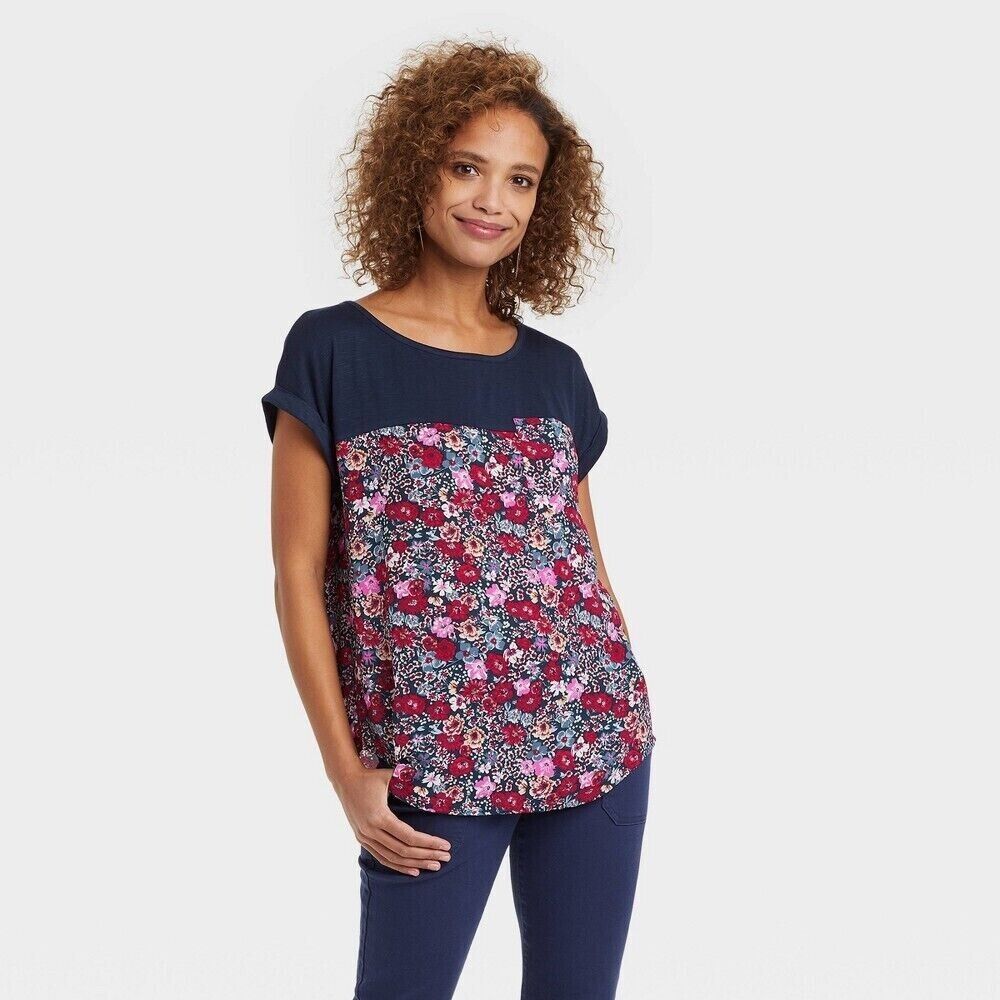 Women's Short Sleeve Pocket T-Shirt - Knox Rose Navy Floral Small, Blue Floral