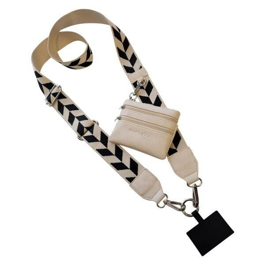 NEW SAVE THE GIRLS BLACK CREAM CHEVRON WITH POUCH CLIP & GO CELL PHONE STRAP