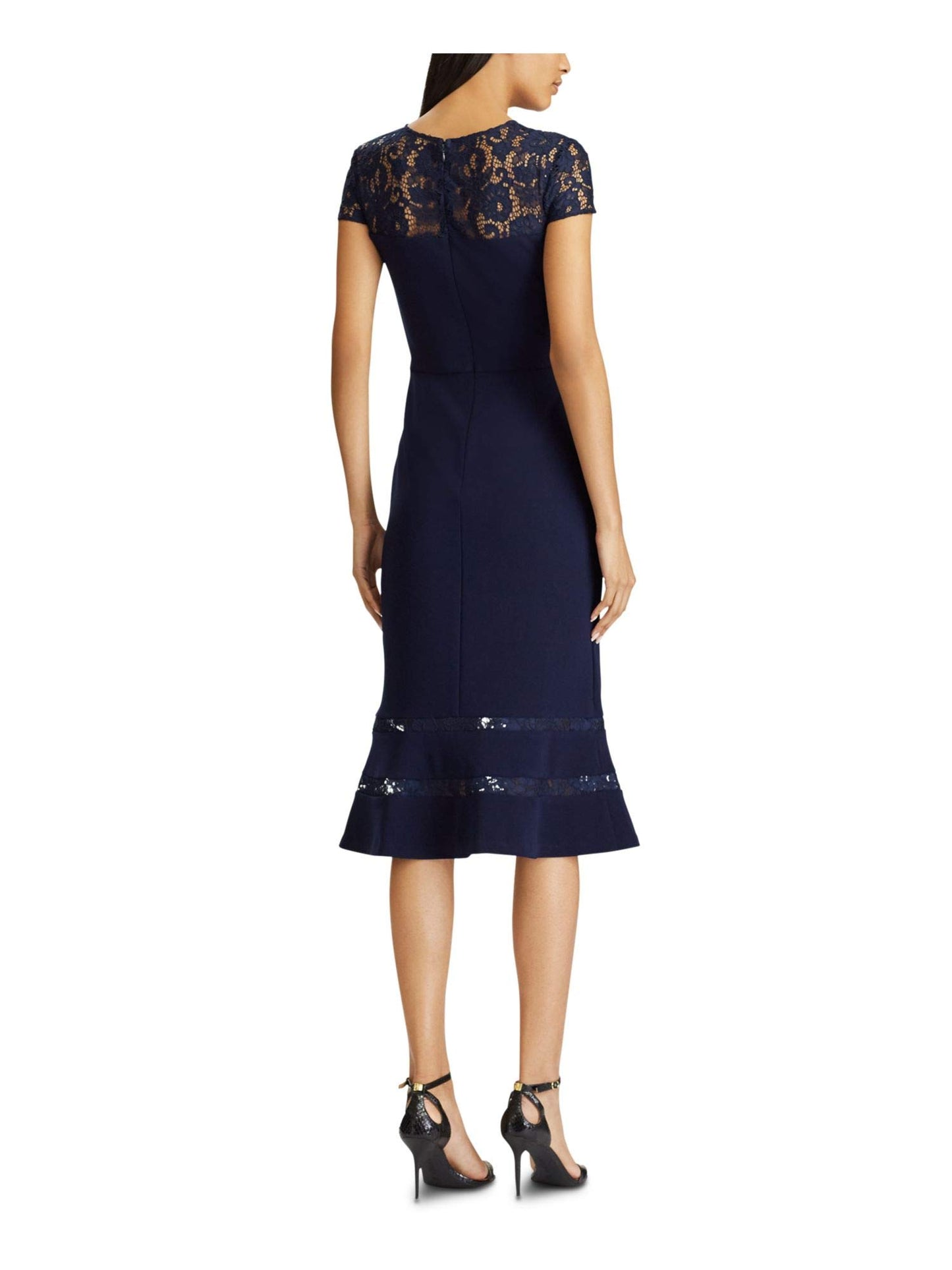 LAUREN RALPH LAUREN Womens Aleidah Lace Trim Midi Cocktail Dress Navy 14