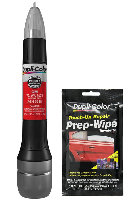 Dupli-Color AGM0388 Bright Red Exact-Match Scratch Fix All-in-1 Touch-Up Paint for GM Vehicles (72, WA 7475) Bundle with Prep Wipe Towelette (2 Items)