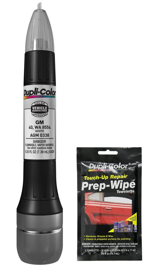 Dupli-Color AGM0338 White Exact-Match Scratch Fix All-in-1 Touch-Up Paint for GM Vehicles (40, WA 8554) Bundle with Prep Wipe Towelette (2 Items)