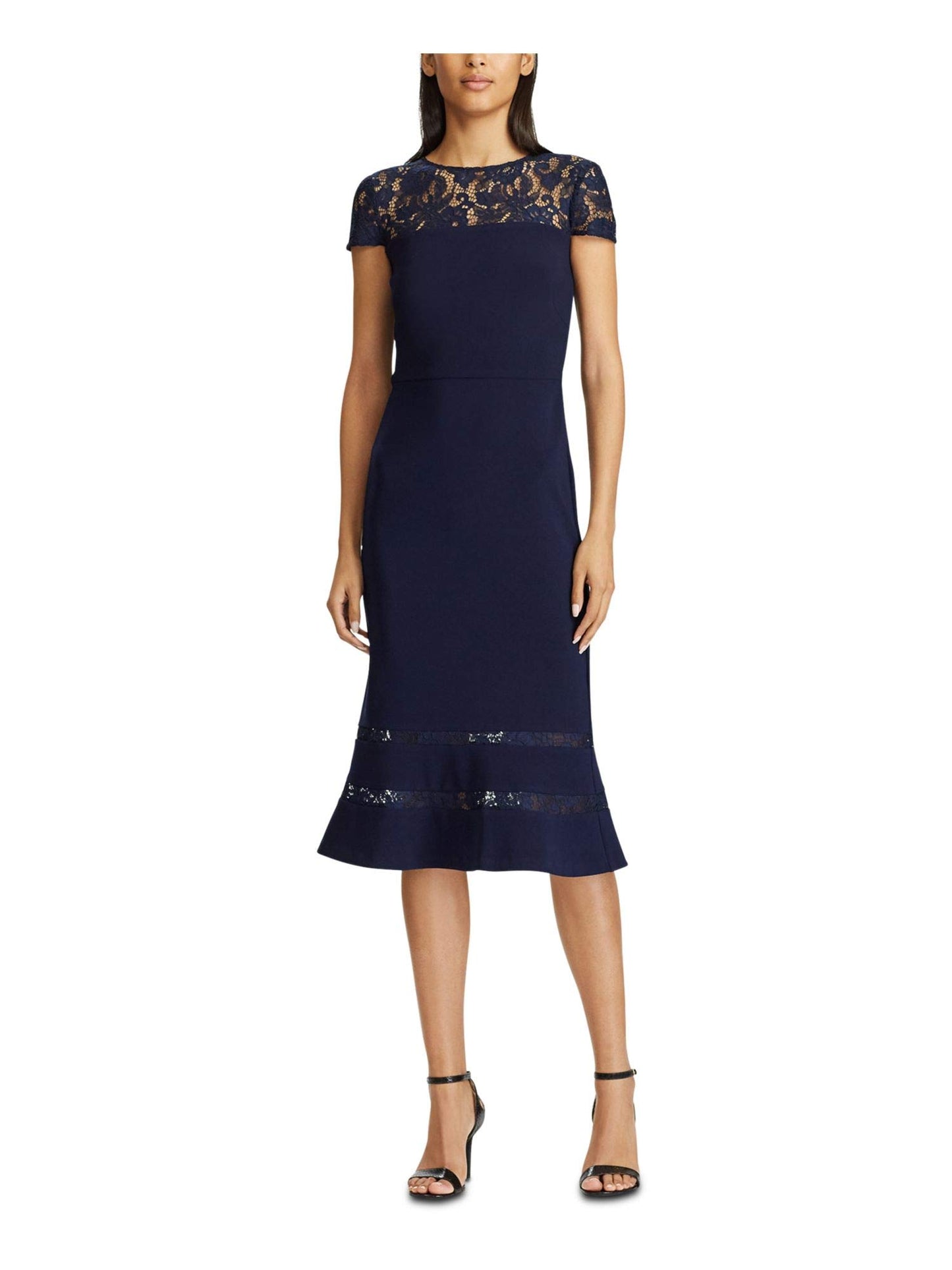 LAUREN RALPH LAUREN Womens Aleidah Lace Trim Midi Cocktail Dress Navy 14