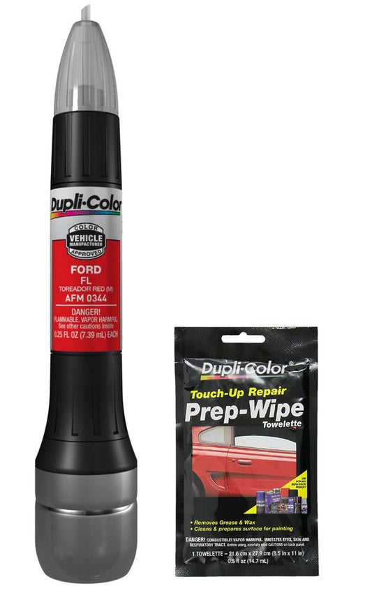 Dupli-Color AFM0344 Metallic Toreador Red Exact-Match Scratch Fix All-in-1 Touch-Up Paint for Ford Vehicles (FL) Bundle with Prep Wipe Towelette (2 Items)