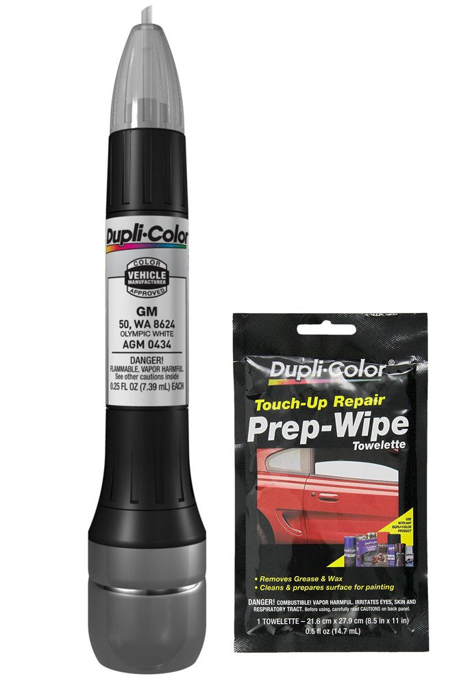 Dupli-Color AGM0434 Olympic White Exact-Match Scratch Fix All-in-1 Touch-Up Paint for GM Vehicles (50, WA 8624) Bundle with Prep Wipe Towelette (2 Items)