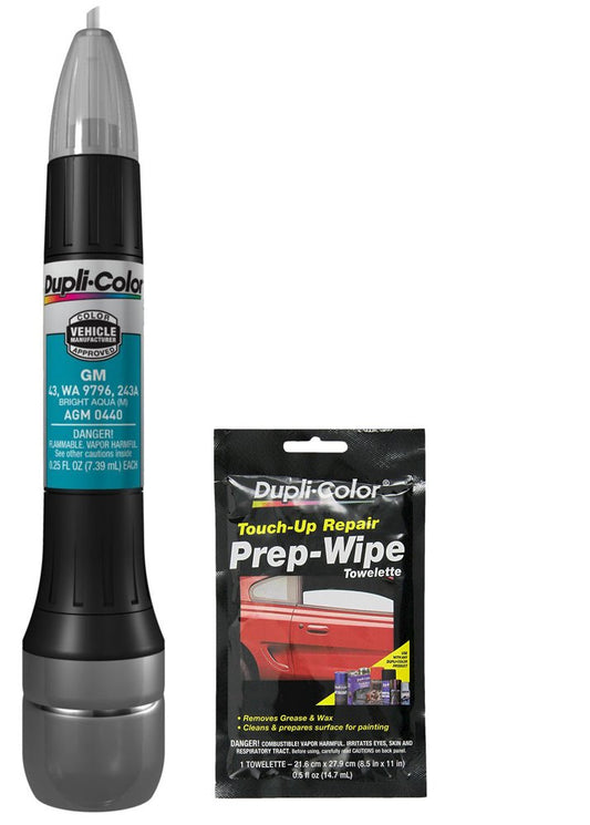 Dupli-Color AGM0440 Metallic Bright Aqua Exact-Match Scratch Fix All-in-1 Touch-Up Paint for GM Vehicles (43, WA 9796, 243A) Bundle with Prep Wipe Towelette (2 Items)