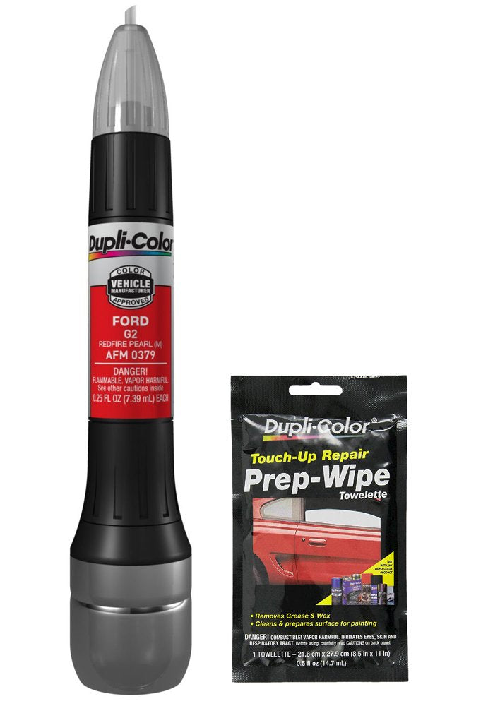 Dupli-Color AFM0379 Metallic Red fire Pearl Exact-Match Scratch Fix All-in-1 Touch-Up Paint for Ford Vehicles (G2) Bundle with Prep Wipe Towelette (2 Items)