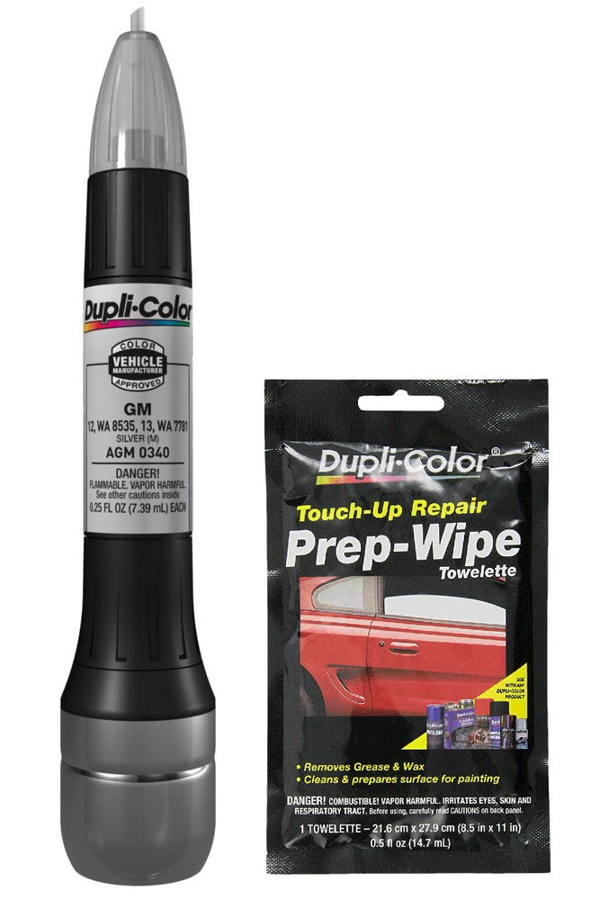 Dupli-Color AGM0340 Metallic Silver Exact-Match Scratch Fix All-in-1 Touch-Up Paint for GM Vehicles (13S, WA 9021) Bundle with Prep Wipe Towelette (2 Items)