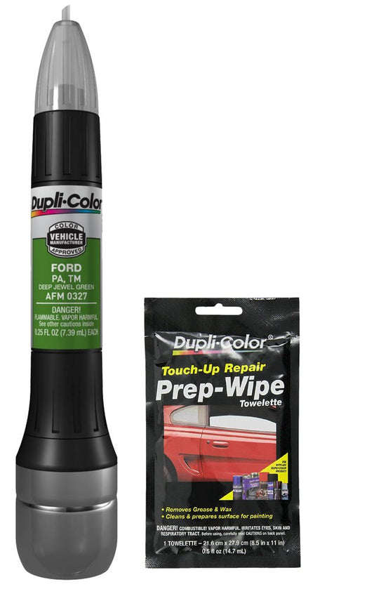 Dupli-Color AFM0327 Deep Jewell Green Exact-Match Scratch Fix All-in-1 Touch-Up Paint for Ford Vehicles (PA) Bundle with Prep Wipe Towelette (2 Items)