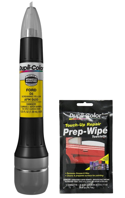 Dupli-Color AFM0400 Screaming Yellow Exact-Match Scratch Fix All-in-1 Touch-Up Paint for Ford Vehicles (D6) Bundle with Prep Wipe Towelette (2 Items)