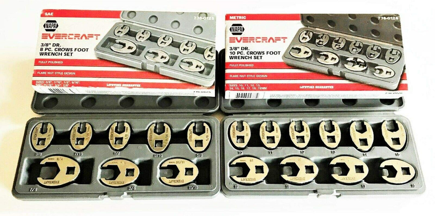 18pc NAPA EVERCRAFT FULLY POLISHED FLARE NUT CROWFOOT WRENCH SET SAE & METRIC