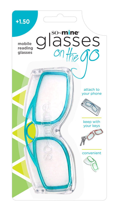 So-Mine Reading Glasses on the Go, +1.50 Magnification, Sits on Nose, Storage Case, Turquoise - As Seen On TV!