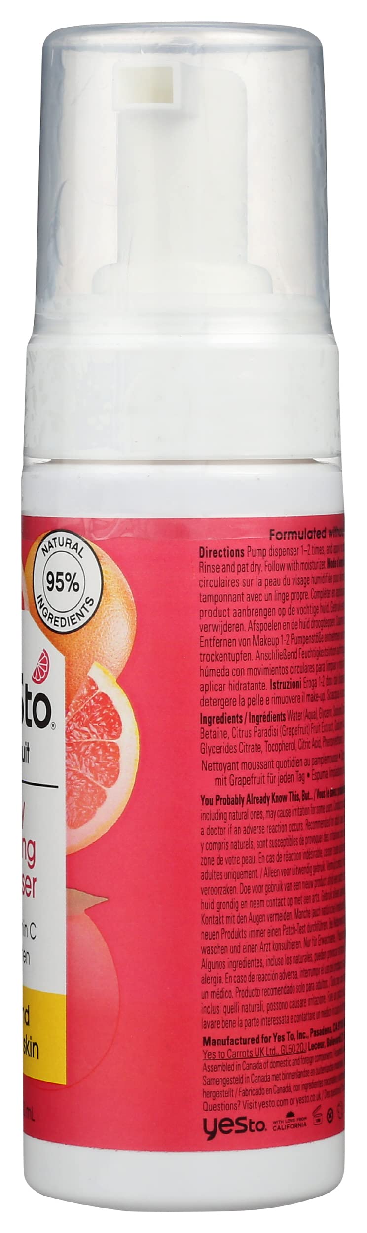 Yes To Grapefruit Daily Foaming Cleanser, Brightening Face Wash That Removes Make Up & Impurities Without Stripping Skin & Leaves You Glowing, With Vitamin C, Natural, Vegan & Cruelty Free, 4 Fl Oz